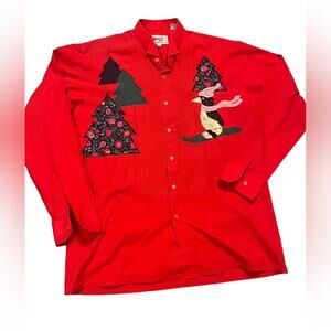Vtg Red Tuxedo Shirt with Metallic Penguin Ski Christmas Tree Patchwork Blouse